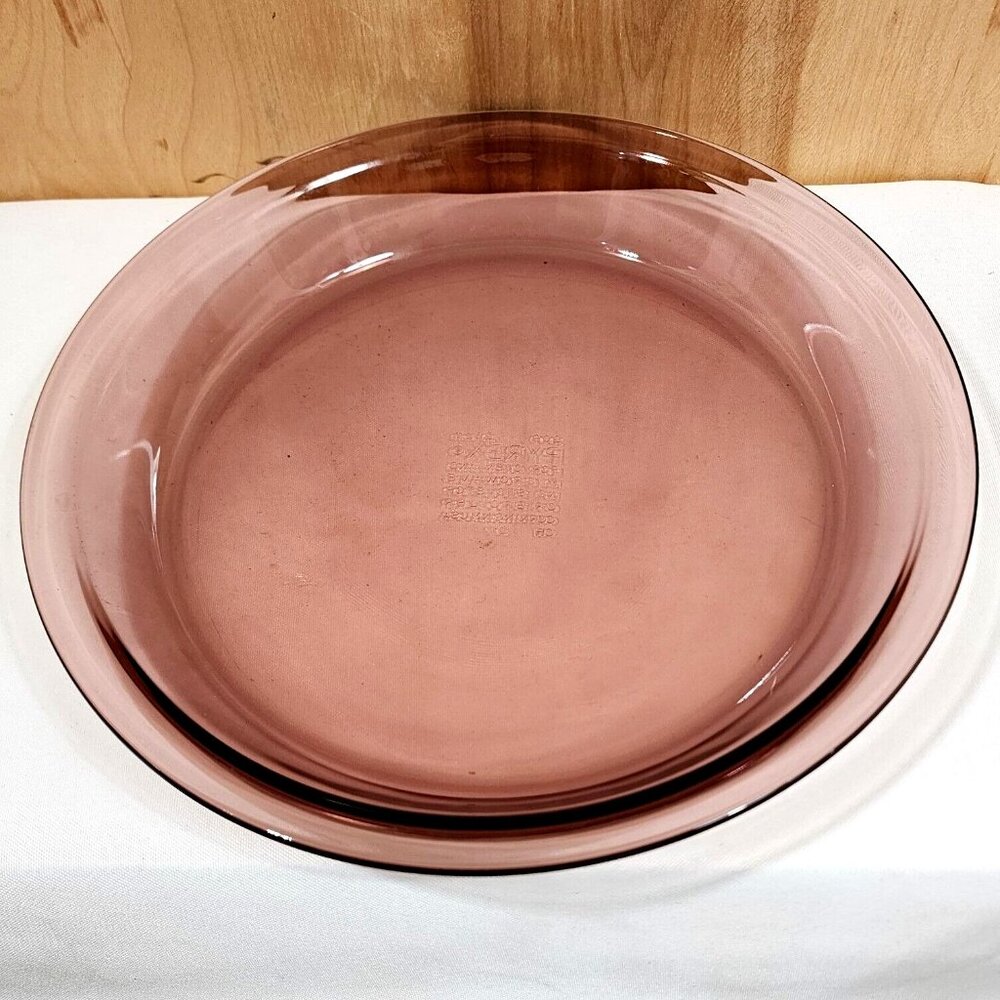 2 Pyrex Cranberry Glass Pie Plate 10” vintage Visions plum dish flaw - Picture 2 of 13
